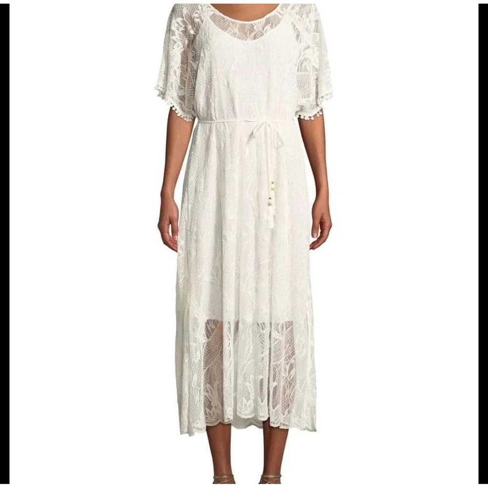 Jade by Johnny Was Cream Lace Maxi Dress Pom Pom Flutter Sleeve XL L37719-1 - Picture 2 of 7